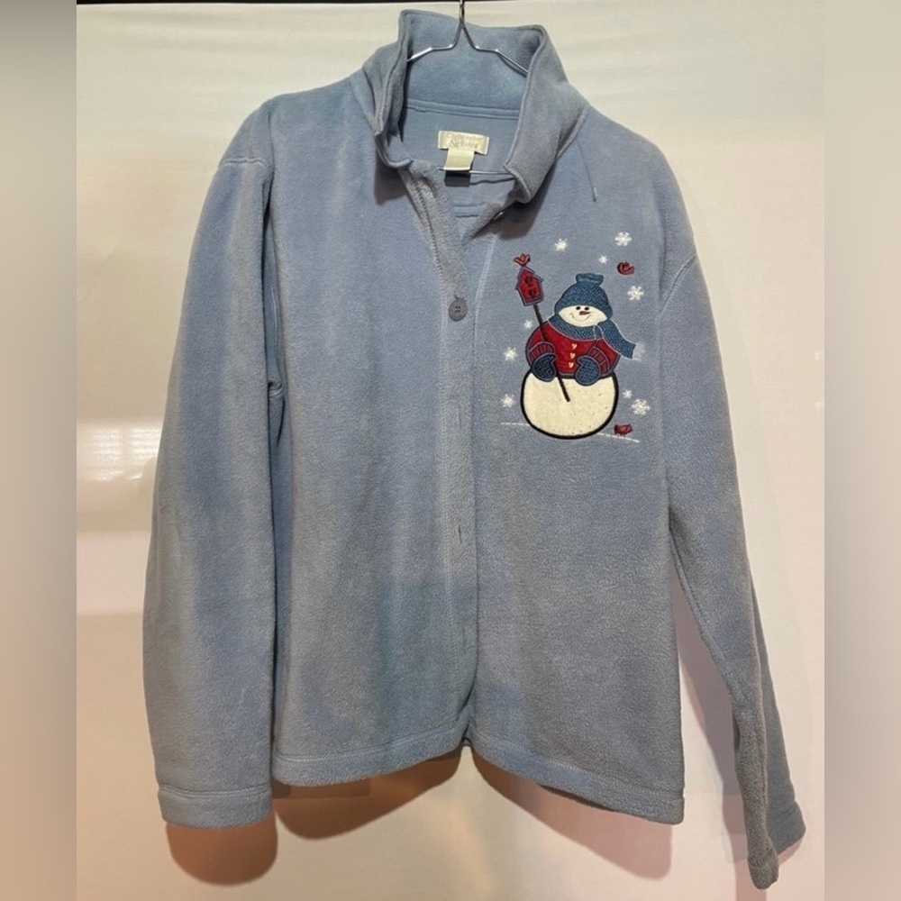 Christopher & Banks Blue Fleece Button Down Shirt with Snowman Embroidery SZ L